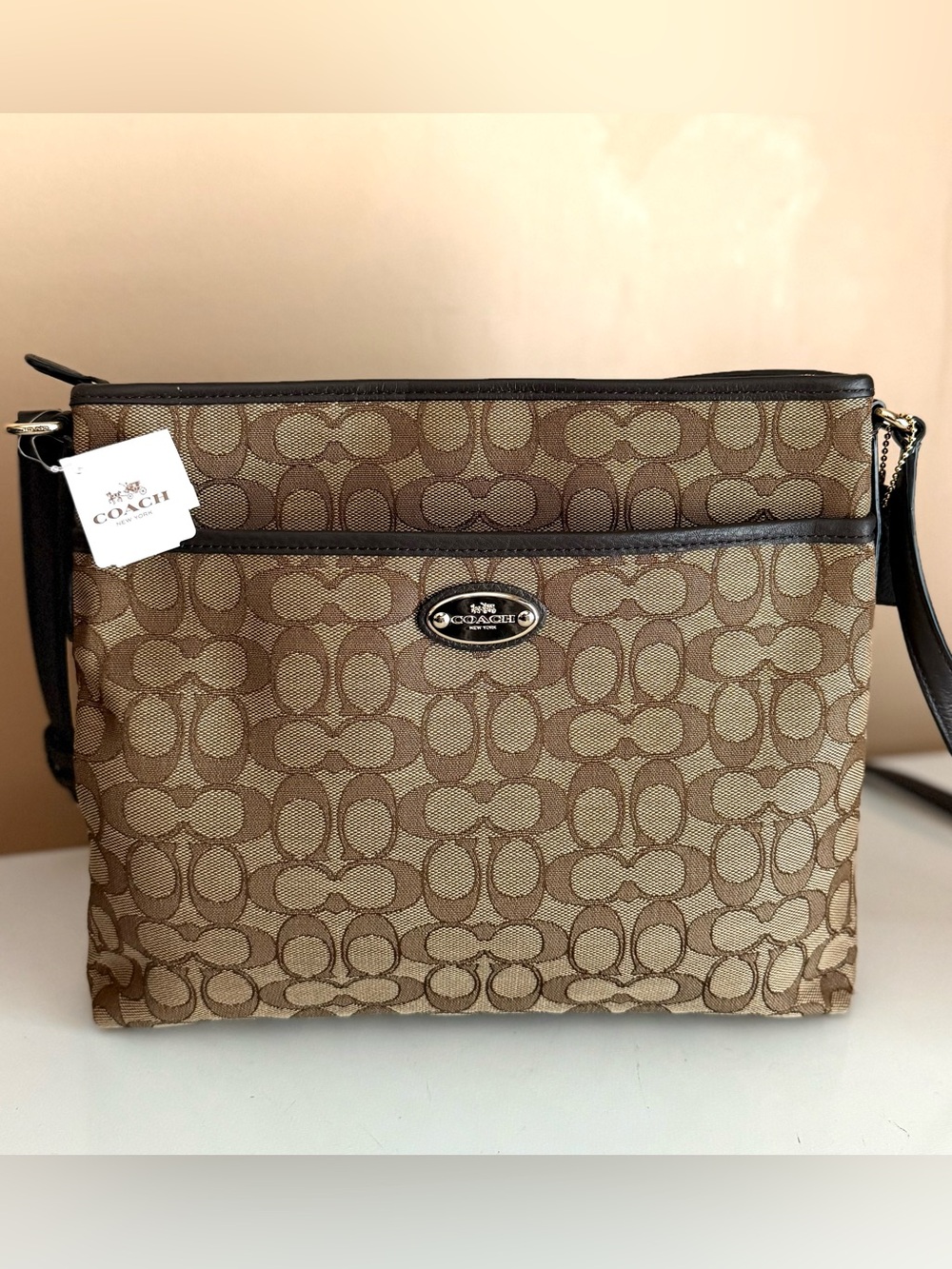 COACH F36182 ICONIC KHAKI/BROWN MONOGRAM CANVAS SIGNATURE FILE CROSSBODY BAG NWT